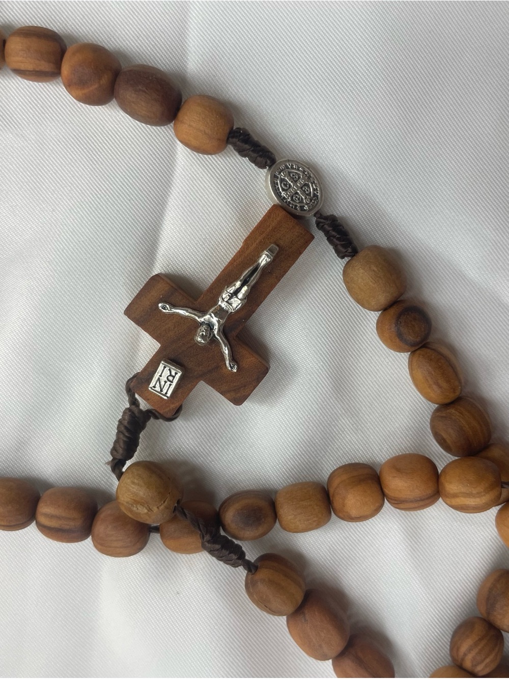 Olive Wood Rosary Necklace with Silver Crucifix from Vatican City